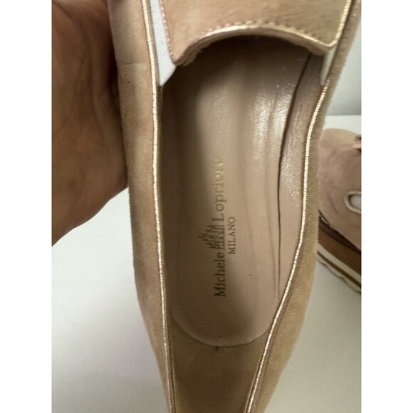 Michele Lopriore Cassidy Suede Loafers Shoes Womens 38.5 Gold Pewter Leather - Picture 12 of 13